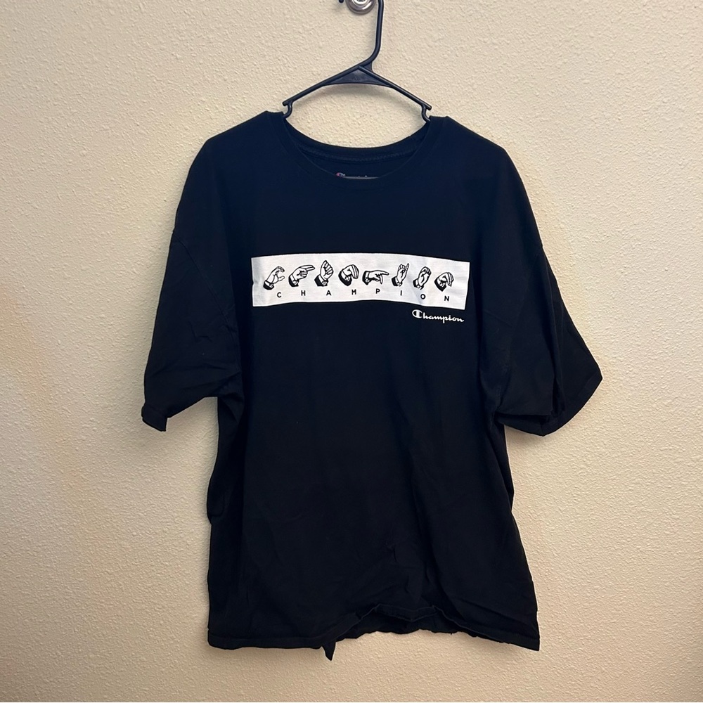 Men’s 2XL black Champion t-shirt, oversized baggy fit for men who wear LARGE